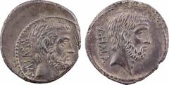 Roman republican coins Junia, denier, Rome, 54 av. J.-C A/BRVTVS Tête nue de L. Junius Brutus à droite R/AHALA Tête nue de C. Servilius Ahala à droite Argent 19,4 mm 4,11 g 5 h SUP / SUP+, RR RRC.433/