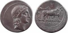 Roman republican coins Octave, denier, Rome, 30-29 av. J.-C. A/Anépigraphe Tête laurée d'Apollon à droite R/IMP CAESAR Octave lauré et voilé, représenté comme le fondateur de la cité de Nicopolis, pas