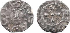 Merovingian times Neustrie, Troyes, denier à la tête de face, c.700 A/(à 12 h.) + TRICAS CIVIS Buste de face R/légende indéterminée Croix dans un grènetis Argent 10,6 mm 1,25 g 3 h TB+, RR P.606, B.43