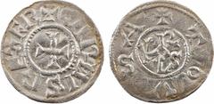 Carolingian coins Charlemagne, denier, Toulouse A/(à 12 h.) + CARLVS REX FR Croix R/(à 12 h.) TOLVSA Monogramme de Charles Argent 21,0 mm 1,40 g 4 h TTB, R D.993 (36 ex.), MG.181 P.800-802 Avec cette 