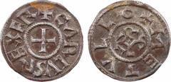 Carolingian coins Charlemagne ou Charles le Chauve, denier, Melle A/+ CARLVS REX FR Croix R/(à 1 h.) + METVLLO Monogramme de Charles Argent 20,5 mm 1,55 g 1 h TTB+ D.606 (5754 ex.), MG.cf 172 P.692 Av