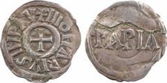 Carolingian coins Lothaire Ier, denier, Pavie A/+ H IOHARIVS IMP AV Croix Au centre : PAPIA Argent 21,4 mm 1,44 g 4 h TB+, R D.780j (33 ex.), MG.556 MIR.815 Sur un flan large, plié, avec trace d'une f