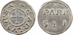 Carolingian coins Charles le Chauve, denier, Paris A/(à 1 h.) + CAR.LVS R.EX Croix Au centre, en deux lignes : PARI/ S.II Argent 20,1 mm 1,55 g 3 h TTB+, RR D.761 (21 ex.), MG.826 v. Rare denier, avec