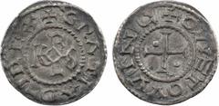 Carolingian coins Charles le Chauve, denier, Quentovic A/(à 12 h.) + GRATIA D-I REX Monogramme de Charles sous forme HRLS R/+ QVVETOVVINC Croix cantonnée d'un globule au 1 et 4 Argent 21,0 mm 1,87 g 1