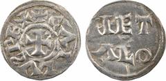 Carolingian coins Charles le Simple, denier, Melle A/+ CARLVS REX, S inversée Croix En deux lignes : MET/ ALO Argent 21,0 mm 1,35 g 10 h TTB+, R D.630 (1 ex.), PA.2414 Exemplaire sur un flan large et 