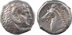 Greek coins Sicile, Siculo-puniques, Carthaginois en Sicile, tétradrachme, 320-290 av. J.-C. A/Anépigraphe Tête de Melqart-Héraclès à droite, coiffée de la peau de lion R/Légende punique [MHMNHT, la M
