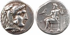 Greek coins Macédoine, Alexandre le Grand, tétradrachme, atelier incertain, c.323-300 av. J.-C. A/Anépigraphe Tête imberbe d'Héraclès à droite, coiffée de la peau de lion R/ALEXANDROY Zeus à demi-nu, 