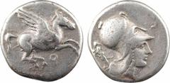 Greek coins Corinthe, statère, c.415-387 av. J.-C. A/Anépigraphe Pégase volant à droite ; en dessous, lettre punique Q R/Anépigraphe Tête d'Athéna à droite, coiffée du casque corinthien et muni du cou