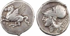 Greek coins Colonies de Corinthe, Anactorium, statère, c.350-300 av. J.-C. A/Anépigraphe Pégase volant à gauche ; en dessous, les lettres A et N R/Anépigraphe Tête d'Athéna à gauche, coiffée du casque