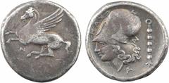 Greek coins Colonies de Corinthe, Anactorium, statère, 350-300 av. J.-C A/Anépigraphe Pégase volant à gauche ; en dessous, AN en monogramme R/Anépigraphe Tête d'Athéna à gauche, coiffée du casque cori
