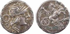 Roman republican coins Cloulia, denier, Rome, 128 av. J.-C. A/ROMA Tête casquée de Rome à droite ; derrière, une couronne renversée R/A l'exergue, T CLOVLI La Victoire dans un bige à droite ; en-desso