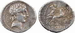 Roman republican coins Vibia, denier, Rome, 90 av. J.-C. A/PANSA Tête laurée d'Apollon à droite ; devant, symbole de contrôle R/A l'exergue, C VIBIVS C F Minerve dans un quadrige à droite, tenant un t