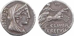 Roman republican coins Marcia, denier, Rome, 82 av. J.-C. A/L CENSORIN Buste diadémé, voilé et drapé de Vénus à droite R/C LIMETA/ P CREPUSI Vénus dans un bige à droite ; au-dessus, marque de contrôle