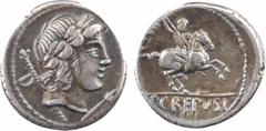 Roman republican coins Crepusia, denier, Rome, 82 av. J.-C. A/Anépigraphe Tête laurée d'Apollon à droite, avec le sceptre derrière l'épaule ; devant, un symbole ; derrière, lettre de contrôle R/P CREP