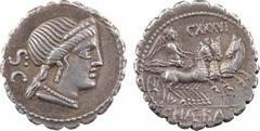 Roman republican coins Naevia, denier serratus, Rome, 79 av. J.-C. A/S C Tête diadémée de Vénus à droite R/A l'exergue, C NAE BALB La Victoire dans un trige à droite ; au dessus, lettres de contrôle A