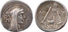 Roman republican coins Sulpicia, denier, Rome, 69 av. J.-C. A/S C Tête voilée de Vesta à droite R/AE/ CVR/ P GALB Instruments pontificaux Argent 17,3 mm 3,92 g 6 h SUP RRC.406/1, RCV.345 Frappé au nom