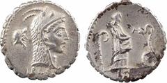 Roman republican coins Roscia, denier serratus, Rome, 64 av. J.-C. A/L ROSCI Tête de Junon Sospita à droite, vêtue de la peau de chèvre ; derrière, marque ou symbole de contrôle R/A l'exergue, FABATI 