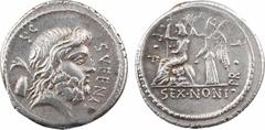 Roman republican coins Nonia, denier, Rome, 59 av. J.-C. A/SVFENAS S C Tête de Saturne à droite ; derrière, un harpon et une pierre conique R/PR L V P F/ SEX NONI Rome assise à gauche sur un amas d'ar