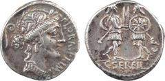 Roman republican coins Servilia, denier, Rome, 63 av. J.-C. A/FLORAL. PRIMVS Tête de Flore à droite ; derrière, le lituus R/A l'exergue : C. SERVEIL Deux soldats face à face avec leurs épées, à droite