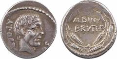 Roman republican coins Postumia, denier, Rome, 48 av. J.-C. A/A. POSTVMIVS COS Tête à droite d'A. Postumius R/ALBINV/ BRVTI. F Dans une couronne formée d'épis, légende en deux lignes Argent 17,3 mm 3,