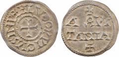 Carolingian coins Louis le Pieux, denier, c.820, Aquitaine ou Bourges A/(à 11 h.) + H LVDOVVICVS IMP Croix En quatre lignes : +/ AQVI/ TANIA/ + Argent 21,4 mm 1,75 g 7 h SUP, R D.178 (29 ex.), MG.390 