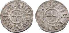 Carolingian coins Louis le Pieux, denier, Melle A/+ H LVDOVVICVS IMP Croix R/+ METALLVM Croix Argent 20,0 mm 1,74 g 1 h TTB, RR D.611 (16 ex.), MG.400 Flan de patine sombre avec quelques concrétions b