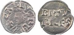 Carolingian coins Charles le Chauve, denier au portrait, Bourges A/+ CARLVS RE Buste à gauche En deux lignes : BITV/ RICES Argent 18,3 mm 1,00 g 5 h TB+ / TTB, RRR D.190 (17 ex.), MG.1069 Provient de 