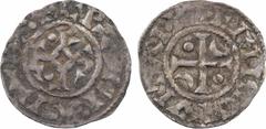 Carolingian coins Charles le Simple, denier à la croix cantonnée, Reims A/(à 6 h.) + GRACIA D-I RX: Monogramme de Charles sous forme CRLS, cantonné de deux points en 1 et 3 et deux triangles en 2 et 4
