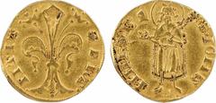 Capetian coins Jean II le Bon, florin d'or, (1360) Montpellier ou Toulouse A/+ FRA - NTIA Lis florentin R/+. S. IOHA - NNES. B. (différent) St Jean-Baptiste debout de face, nimbé et bénissant de la ma