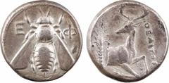 Greek coins Ionie, Éphèse, tétradrachme au nom du Magistrat Athelitos (?), c.390-302 av. J.-C. A/E/ F Abeille vue de face R/[A]THE[L]ITOS Protomé de biche à droite, regardant à gauche ; derrière, un p