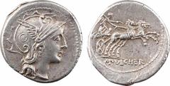 Roman republican coins Claudia, denier, Rome, 110-109 av. J.-C A/Anépigraphe Tête casquée de Roma à droite R/A l'exergue, C PVLCHER La Victoire dans un bige à droite Argent 18,1 mm 3,93 g 7 h SUP RRC.