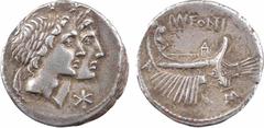Roman republican coins Fonteia, denier, Rome, 114-113 av. J.-C. Têtes laurées et accolées des Dioscures à droite, chacun sous une étoile ; en dessous, XVI en monogramme R/MN FONTEI Galère voguant à dr