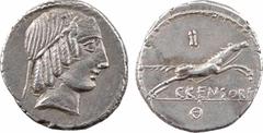 Roman republican coins Marcia, denier, Rome, 88 av. J.-C. A/Anépigraphe Tête diadémée d'Apollon à droite R/C. CENSORI Cheval galopant à droite, marques de contrôle au-dessus et au-dessous Argent 18,0 
