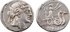 Roman republican coins Volteia, denier, Rome, 78 av. J.-C. A/Anépigraphe Tête de la Liberté ou de Bacchus à droite, avec couronne de lierre R/À l'exergue, M VOLTEI M F Cérès dans un bige de serpents t