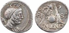 Roman republican coins Cornelia, denier, Espagne ?, 76-75 av. J.-C. A/G.P.R Buste diadémé et drapé du Génie du Peuple Romain à droite, un sceptre posé sur l'épaule droite R/EX/ S C/ CN LEN Q Globe ent