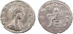 Roman imperial coins Plautille, denier, Rome, 202-205 A/PLAVTILLAE AVGVSTAE Buste drapé à droite, les cheveux relevés en arrière R/CONCORDIAE Concorde assise à gauche, tenant une patère et une double 