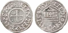 Carolingian coins Lothaire Ier, denier, s.d. (840-855) Metz A/+ H LVTHVRIVS MP Croix cantonnée de quatre petits besants R/MEDIOMATRICORV Temple Argent 19,7 mm 1,23 g 10 h TTB+, R Dy.642 (17 ex.), MG.5