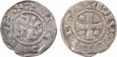 Carolingian coins Charles le Simple, denier à la légende rétrograde, Quentovic A/(à 12 h.) + G[RATIA D-I R]EX Monogramme de Charles sous forme HRLS R/(lecture antihoraire) + QVVENTOVVICI Croix cantonn