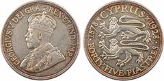 World coins : Asia Chypre, Georges V, 45 piastres, 1928 Londres A/GEORGIVS V DEI GRA: REX ET IND: IMP: Buste couronné à gauche de Georges V, signature B. M R/1878 * CYPRUS *// *FORTY FIVE PIASTRES* Lé