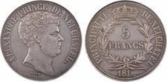 World coins : Europe Suisse, Neuchâtel (canton de), Alexandre Berthier, essai de 5 francs, par Droz, 181- (1813) A/ALEXANDRE PRINCE DE NEUCHATEL Buste à droite d'Alexandre Berthier ; en-dessous signat
