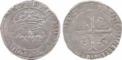French coins : Troyes mint Charles VII, blanc aux lis accotés, coin de revers de florette d'émission spéciale à Troyes, dès octobre 1429, Troyes A/(atelier) KAROLVS: FRANCORVM: REX Trois lis accotés s
