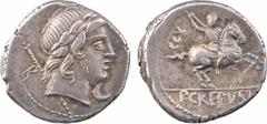Roman republican coins Crepusia, denier, Rome, 82 av. J.-C A/Anépigraphe Tête laurée d'Apollon à droite, avec le sceptre derrière l'épaule ; devant, un symbole ; derrière, lettre de contrôle R/P CREPV