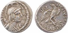 Roman republican coins Plaetoria, denier, Rome, 67 av. J.-C A/CESTIANVS/ S C Buste casqué et drapé d'une divinité plurielle à droite, portant une couronne composée de laurier, d'épis de blé, de pavot 