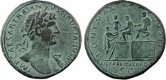 Roman imperial coins Hadrien, sesterce, Rome, 118 A/IMP CAESAR TRAIAN-VS HADRIANVS AVG Buste nu, tête laurée, à droite, avec pan de draperie sur l'épaule gauche R/PONT MAX TR P[OT] COS II/ LIBERALITAS