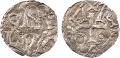 Carolingian coins Charlemagne, denier, Arles En deux lignes : CARo/ LVS séparées par trois besants Croix, accostée de A, X, R, D, I et S Argent 17,7 mm 1,00 g 5 h TB+, RR D.56 (9 ex.), MG.238 v. P.888