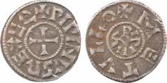 Carolingian coins Aquitaine, Pépin I ou II, denier, Melle A/(à 12 h.) + PIPINVS REX EQ Croix R/+ METVLLO Monogramme de Pépin Argent 20,1 mm 1,56 g 5 h TTB+, RR P.689, MG.606 D.615 (33 ex.) Une petite 