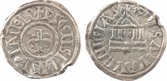 Carolingian coins (Louis II) ou frappe anonyme de Venise, denier, s.d. (c.855-875) Venise A/+DS CoNSERVA RoMANo IMP, lettres liées Croix cantonnée de quatre besants R/+ XPE SALVA VENEcIAS Temple Argen
