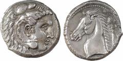 Greek coins Sicile, Siculo-puniques, Carthaginois en Sicile, tétradrachme, 320-290 av. J.-C. A/Anépigraphe Tête de Melqart-Héraclès à droite, coiffée de la peau de lion R/Légende punique [MHMNHT, la M