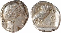 Greek coins Attique, Athènes, tétradrachme, c.480-400 av. J.-C. A/Anépigraphe Tête d'Athéna à droite, coiffée du casque à aigrette, orné sur le devant de trois feuilles d'olivier ; elle porte des bouc