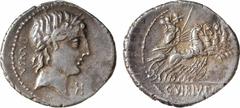 Roman republican coins Vibia, denier, Rome, 90 av. J.-C. A/PANSA Tête laurée d'Apollon à droite ; devant, symbole de contrôle R/A l'exergue, C VIBIVS C F Minerve dans un quadrige à droite, tenant un t